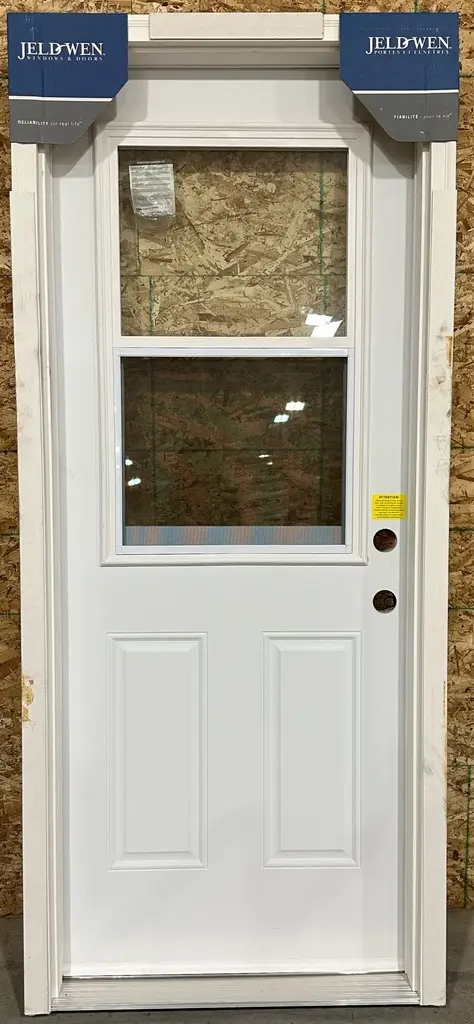 32" w x 80" h - Jeldwen - Left Hand Inswing - Steel Door with 22" w x 36" h Venting Doorlite - 4 1/2" Jamb, Primed Frame and 2" Primed Brickmould