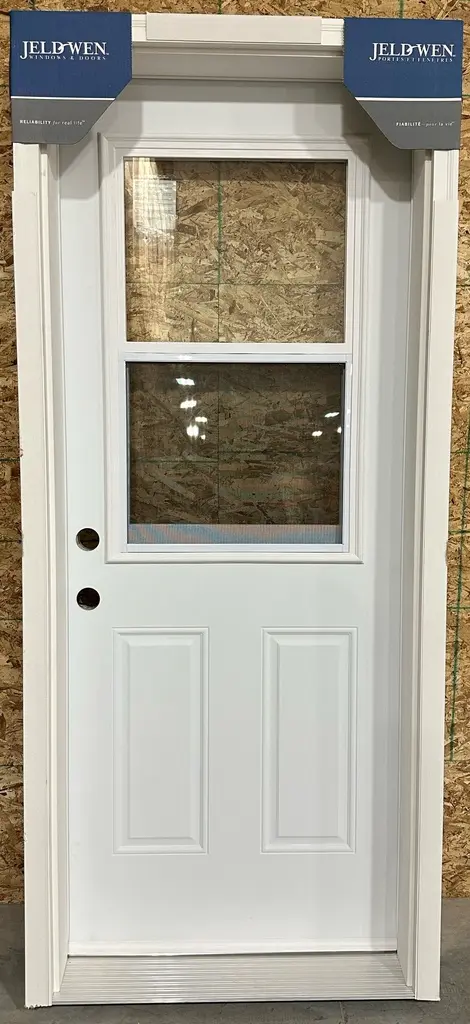32" w x 80" h - Jeldwen - Right Hand Inswing - Steel Door with 22" w x 36" h Venting Doorlite - 6 1/2" Jamb, Primed Frame and 2" Primed Brickmould