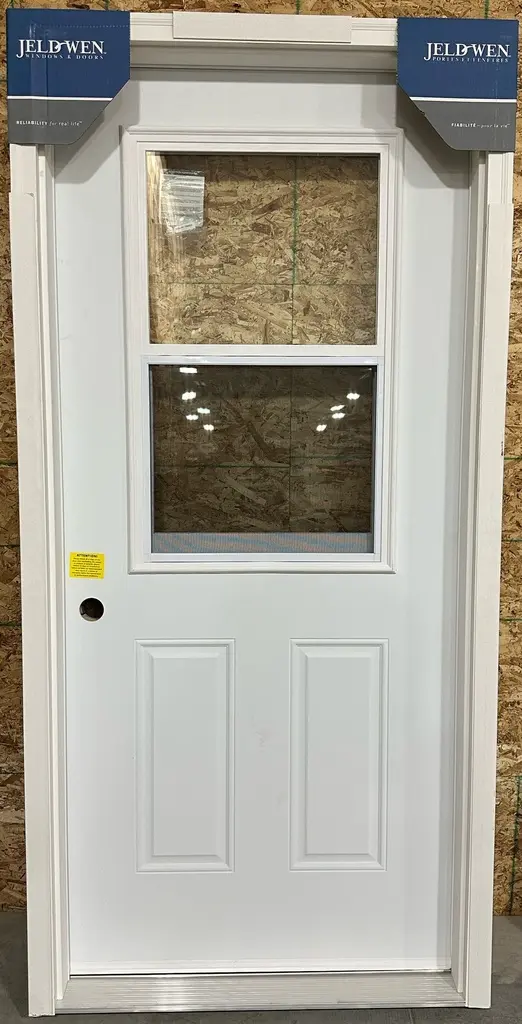 36" w x 80" h  - Jeldwen - Right Hand Inswing - Steel Door with 22" w x 36" h Venting Doorlite - 4 1/2" Jamb, Primed Frame and 2" Primed Brickmould