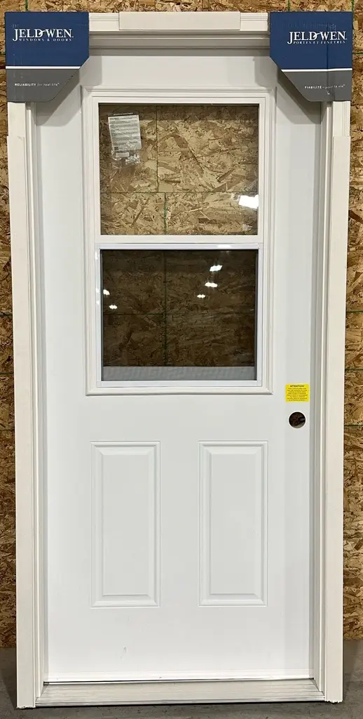 36" w x 80" h - Jeldwen - Left Hand Inswing - Steel Door with 22" w x 36" h Venting Doorlite - 4 1/2" Jamb, Primed Frame and 2" Primed Brickmould