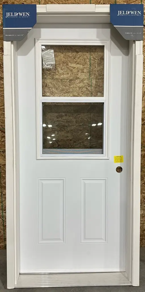 36" w x 80" h - Jeldwen - Left Hand Inswing - Steel Door with 22" w x 36" h Venting Doorlite - 6 1/2" Jamb, Primed Frame and 2" Primed Brickmould