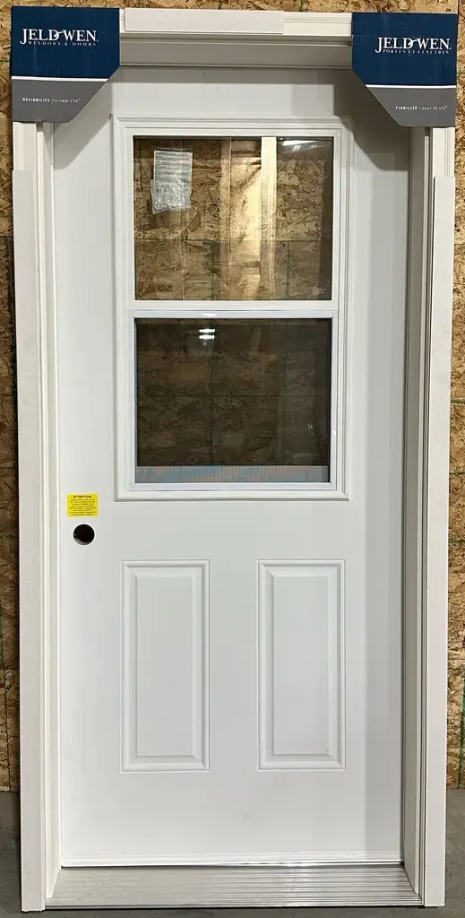 36" w x 80" h - Jeldwen - Right Hand Inswing - Steel Door with 22" w x 36" h Venting Doorlite - 6 1/2" Jamb, Primed Frame and 2" Primed Brickmould
