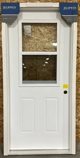 [J36804.5L] 36" w x 80" h - Jeldwen - Left Hand Inswing - Steel Door with 22" w x 36" h Venting Doorlite - 4 1/2" Jamb, Primed Frame and 2" Primed Brickmould