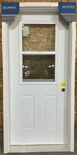 [J36806.5L] 36" w x 80" h - Jeldwen - Left Hand Inswing - Steel Door with 22" w x 36" h Venting Doorlite - 6 1/2" Jamb, Primed Frame and 2" Primed Brickmould