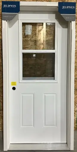 [J36806.5R] 36" w x 80" h - Jeldwen - Right Hand Inswing - Steel Door with 22" w x 36" h Venting Doorlite - 6 1/2" Jamb, Primed Frame and 2" Primed Brickmould